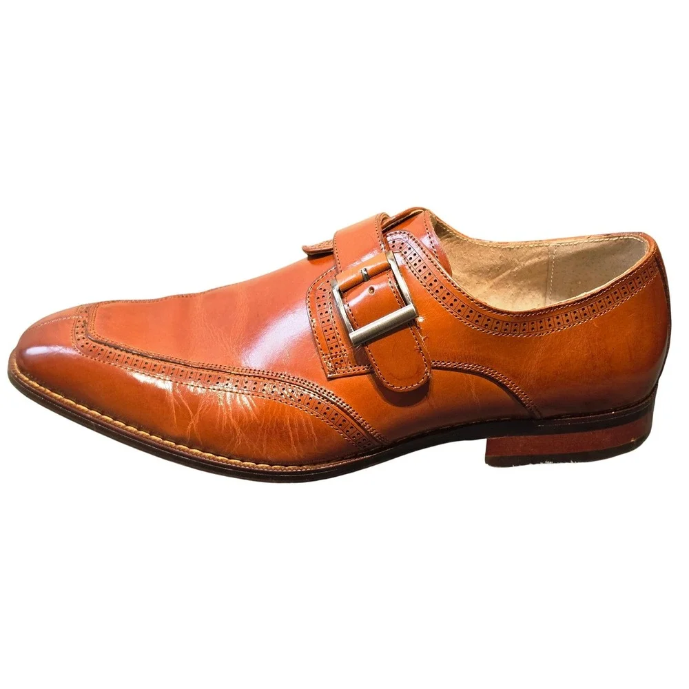 Stacy Adams Mens Cognac Leather Monk Strap Brogue Dress Shoes 25584-213‎ 9.5M